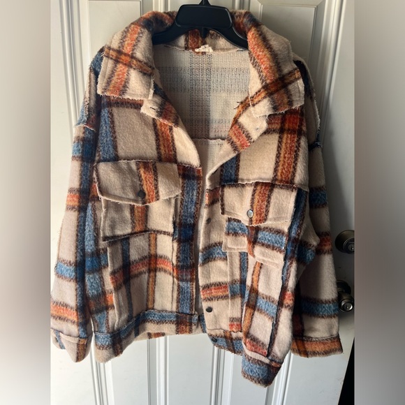 NEW Anthropologie POL Womens Beige Multi Buffalo Plaid coat oversized Large - Picture 4 of 10